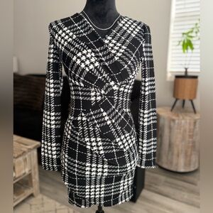 SHEIN Black and White Checkered Long Sleeve Dress
